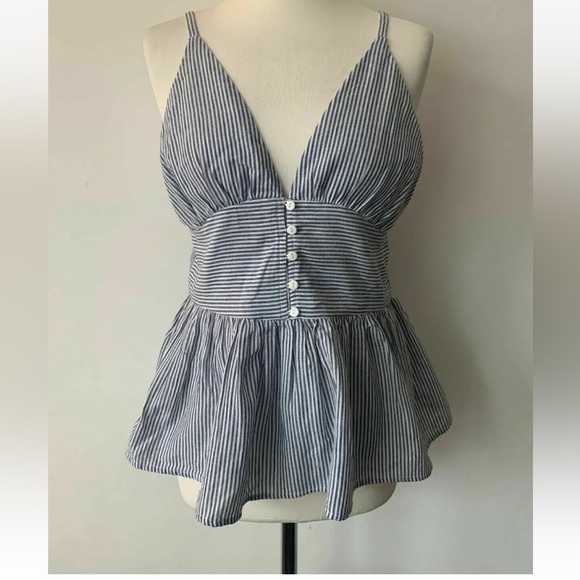 Brave Soul Tops - Brave Soul Sleeveless Peplum Blue Striped Vest Top Size S